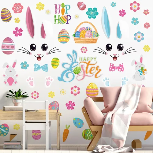 Miniatura 7 de Kajaia 4 piezas Adhesivos de puerta de Pascua felices Adhesivos de refrigerador Huevo de Pascua Flor de Pascua Conejo de Pascua Adhesivos de pared