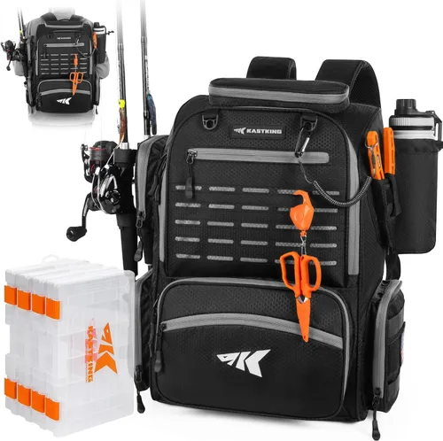 Miniatura 12 de KastKing Bait Boss Mochila de aparejos de pesca con soportes para caña, 4 cajas de aparejos, cubierta para lluvia, almacenamiento grande de 43 L B