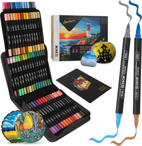 ZSCM - Paquete de 60 marcadores de pintura acrílica de doble punta, 120 colores, punta de pincel, juego de marcadores acrílicos para rocas, madera,