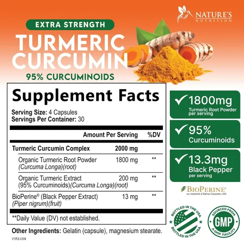 Miniatura 2 de Suplemento de curcumina de cúrcuma – 1800 mg de cúrcuma orgánica por porción – 95% de curcuminoides y extracto de pimienta negra BioPerine para una