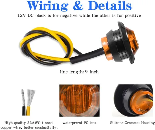 Miniatura 4 de juego de 10 luces LED selladas impermeables ámbar de 3/4" mini redondas, luces indicadoras delanteras, traseras y laterales, luces de gálibo