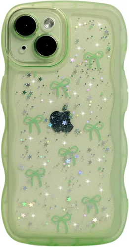 Miniatura 22 de Qokey Funda para iPhone 12 Pro Max de 6.7 pulgadas, diseño de onda rizada, borde transparente, brillante con purpurina, estrella brillante, bonita