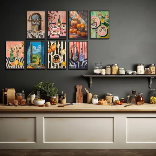 Miniatura 4 de 9 piezas de arte de pared de cocina coloridos alimentos para decoración de pared, fotos, bebidas, frutas, bar, carrito, lienzo, impresiones