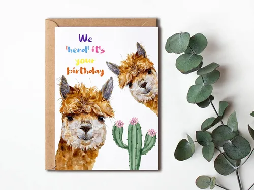 Miniatura 4 de OystersPearl Tarjeta de cumpleaños de alpaca - We Herd It's Your Birthday - Fawn Cria Happy Birthday - Tarjeta de alpaca y cactus - Tarjeta de cactus