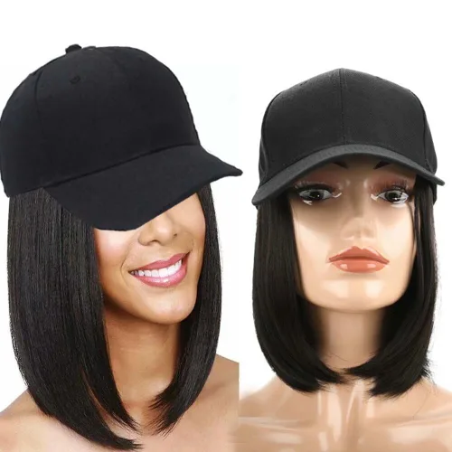 Miniatura 12 de Extensiones de cabello sintético Bobo corto con gorra de béisbol negra de 9 pulgadas, peluca con gorro de cabello negro y marrón para mujer, peluca