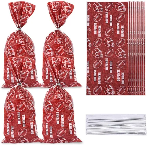 Miniatura 6 de Glodecart 100 bolsas de celofán de fútbol americano para decoración deportiva, fiestas, galletas, fútbol, deportes, bolsas de dulces con lazos