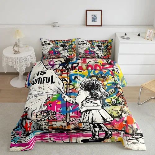 Miniatura 19 de Homewish Piano Music Comforter Set King Size,Musical Notes Bedding Set 3Pcs for Kids Girls Boys Teens Room Decor,Retro Graffiti Grey Gold Down Multi