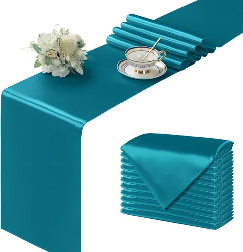Miniatura 40 de Manyshofu 24 Piezas Caminos de Mesa de Satén Plateado – Tamaño Largo de 12 x 108 Pulgadas, Decoración de Camino de Mesa para Fiestas Brillante