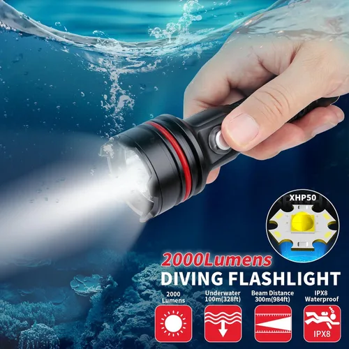 Miniatura 2 de Linterna submarina 14S de 2000 lúmenes con correas de gancho y bucle, 6 modos de linterna de buceo súper brillante, USB-C recargable, IP68 328 pies
