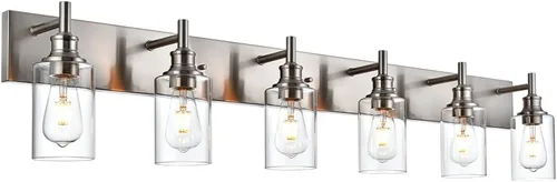 6 luces de tocador de baño, níquel cepillado, accesorios de iluminación de baño sobre espejo con vidrio transparente, aplique de pared industrial