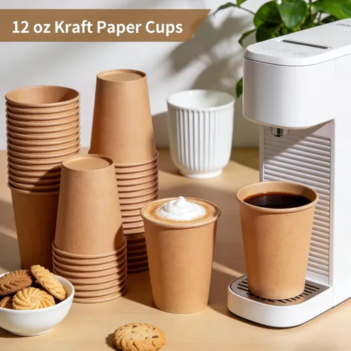 Miniatura 4 de Vasos de papel kraft de 12 onzas, 200 unidades, desechables para bebidas de café frío y caliente, para picnic y vida cotidiana, oficina y viajes