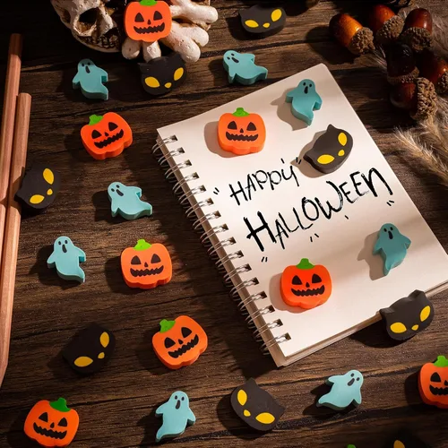 Miniatura 3 de YGAOHF Paquete de 48 mini borradores de Halloween, 6 estilos lindos a granel, divertidos borradores de calabaza, fantasma, murciélagos, recuerdos