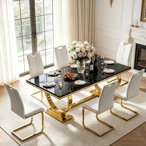 Miniatura 32 de Juego de mesa de comedor de mármol para 4, mesa de cocina rectangular de mármol blanco de 70 pulgadas con base en O de acero inoxidable dorado