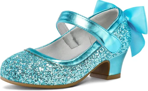 Miniatura 14 de K KomForme Zapatos de vestir para niñas con purpurina Mary Jane tipo pump con lazo, tacón bajo para fiestas y bodas, zapatos de princesa