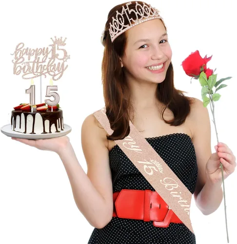 Miniatura 7 de Decoraciones de cumpleaños de 15 años para niñas; banda, corona/tiara, velas y adorno para pastel de cumpleaños de 15 años; regalos y decoraciones