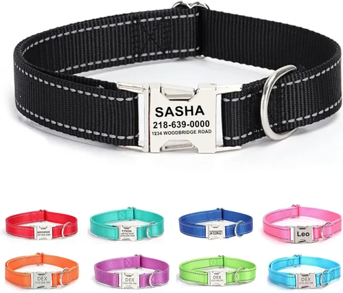 Miniatura 9 de Collar de perro personalizado con etiqueta de nombre, collar de nailon reflectante para mascotas, collares de perro con hebilla grabada Rosa