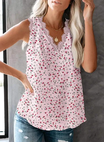 Miniatura 181 de VIISHOW - Camiseta sin mangas, sexy, con cuello en V y bordes de encaje para mujer, camisola de vestir, camisas de gasa, sin mangas, casuales