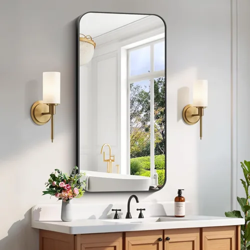 Miniatura 32 de FORBATH - Espejo de baño negro para sobre lavabo, espejo de pared de 16x24 pulgadas con marco de metal, esquinas redondeadas para baño, dormitorio