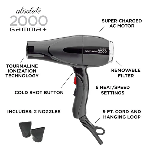 Miniatura 2 de Gamma+ Absolute Power and Absolute 2000 - Secador de pelo profesional de turmalina iónico unisex con 2 boquillas concentradoras
