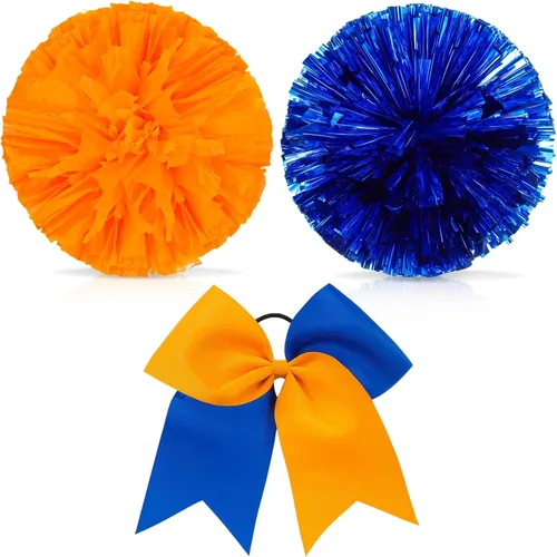 Miniatura 14 de Set de 3 pompones de animadora de 30 cm y gran sujetador de moño de cola de caballo para niña, grandes pompones metálicos de animadora para el Negro