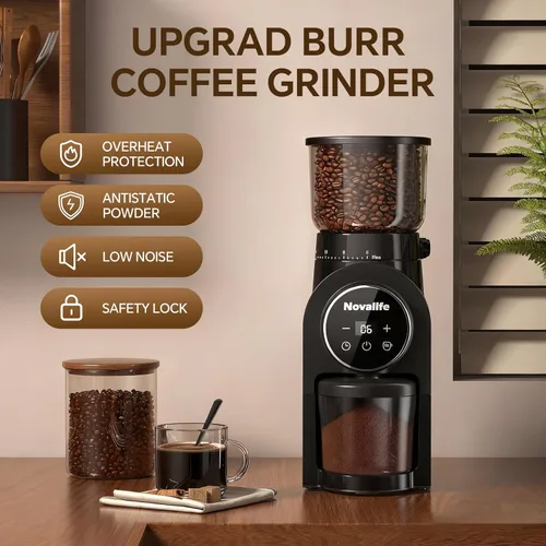 Miniatura 7 de Molinillo de café eléctrico, molinillo de granos de café con rebabas con 30 ajustes de molienda, molinillo de muelas para uso doméstico, pantalla