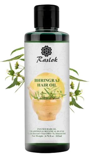 Raslok Bhringraj - Aceite para el cabello, 6.76 onzas líquidas, mezcla botánica ayurvédica con amla, neem, hibisco y brahmi, prensado en frío, sin