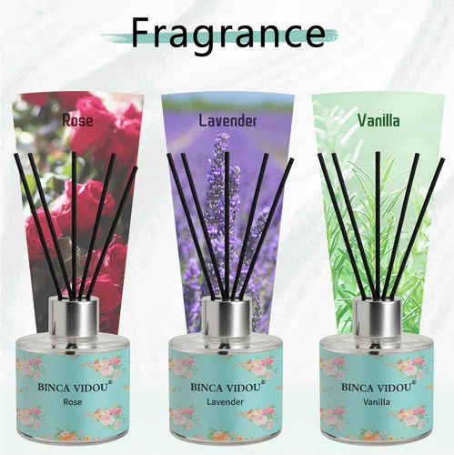 Miniatura 2 de Juego de 3 difusores de varillas para aromaterapia, lavanda, rosa, vainilla para dormitorio, sala de estar, oficina, regalo y alivio del estrés, 1.7
