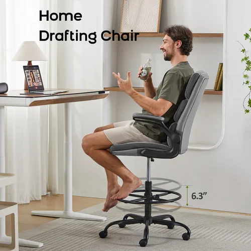 Miniatura 5 de Silla de Dibujo Silla Alta de Oficina con Reposabrazos Abatibles Acolchados Silla de Escritorio de Pie Ergonómica Ejecutiva para Computadora con Gris