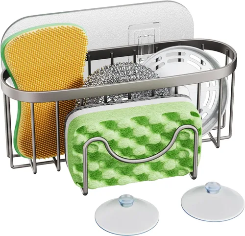 Miniatura 21 de HapiRm Organizador de esponja multifuncional con forma única en M, 2 métodos de instalación, organizador de fregadero de cocina, organizador