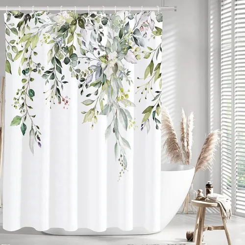 Miniatura 2 de Tititex Cortina de Ducha de Eucalipto Verde Salvia, Hojas de Acuarela en la Parte Superior Planta con Decoración Floral de Baño Conjuntos de Cortina