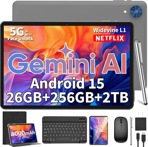Tablet Android 15 2026, tableta de 10 pulgadas con teclado, 24 GB+256 GB+2 TB expandir, tabletas 2 en 1 con 8 núcleos, WiFi 5G, 8000 mAh, BT5.0,