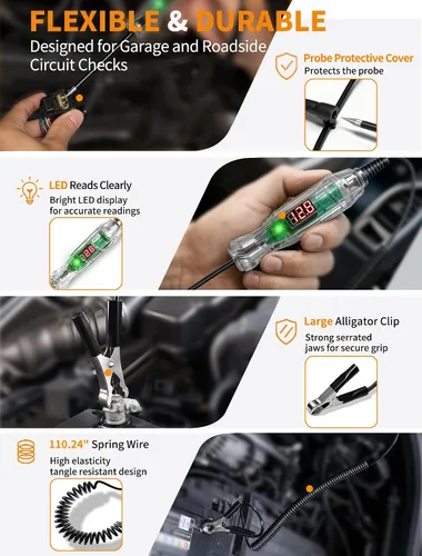 Miniatura 7 de Luz de prueba automotriz, probador de fusibles de automóvil, probador de voltaje digital LED de 3-70 V con voltímetro, indicador de polaridad