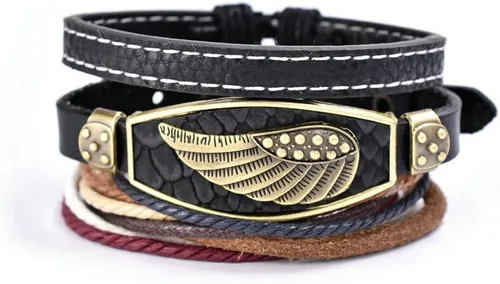 Bigbabybig 3 pulseras de cuero estilo surfista con alas de ángel punk, étnicas tribales y étnicas para hombres y mujeres, pulsera trenzada de cuero