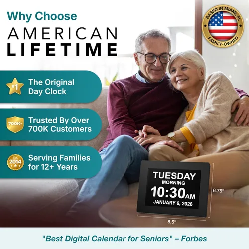 Miniatura 2 de American Lifetime Reloj digital grande para personas mayores, negro, 8 pulgadas, con día y fecha, alarmas personalizables, atenuación automática