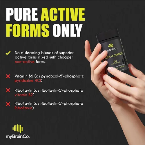 Miniatura 3 de myBrainCo. Complejo Active-B – Suplemento de vitamina B activada de alta resistencia con folato B2, B6, B12 y metilo – Apoya la energía, la función