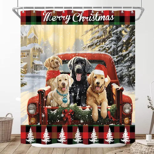 Miniatura 3 de Cortina de ducha de perros de Navidad, animales de granja, camión rojo, transportando lindos cachorros, familia, invierno, paisaje, nieve, Navidad