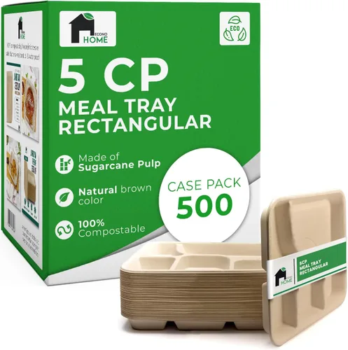 Miniatura 9 de EconoHome Paquete de 50 platos desechables con 5 compartimentos, bandeja compostable de caña de azúcar y bagazo ecológica, apta para microondas