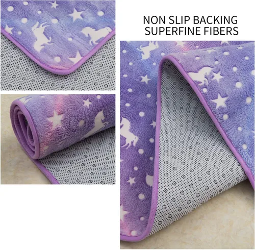 Miniatura 3 de QH Alfombra de área con patrón de unicornio morado sin costuras que brilla en la oscuridad, para sala de estar, dormitorio, habitación de niños