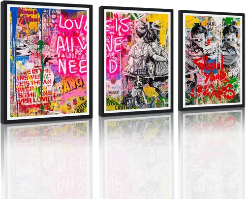 Miniatura 83 de 3 Piezas de Arte de Pared Banksy en Lienzo, Póster de Graffiti, Decoración de Pared con Citas Inspiradoras, Nunca Te Rindas, Obras de Arte para Sala
