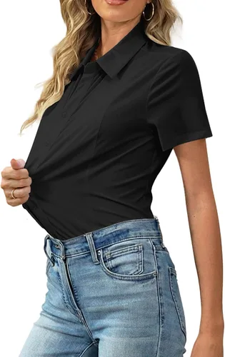 Miniatura 2 de HOTOUCH Camisas con botones para mujer, manga corta, elástica, sin arrugas, blusas formales de trabajo, blusas de verano, tallas S-2XL
