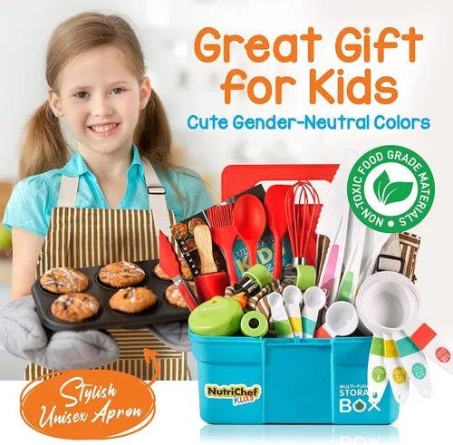 Miniatura 3 de NutriChef Juego de cocina y horneado para niños, juego completo de cocina para niñas y niños, incluye delantal de pequeño chef. Suministros