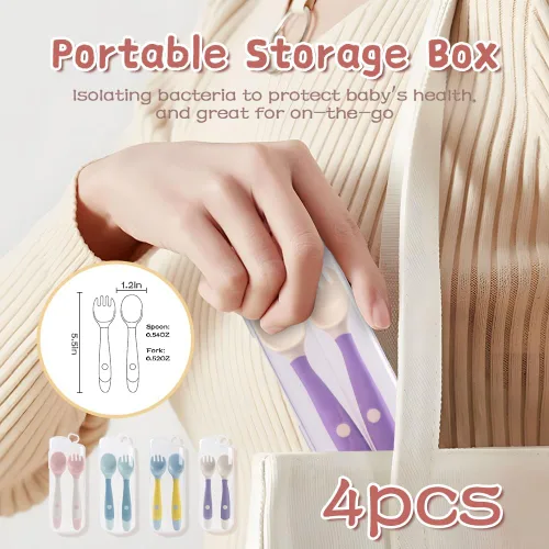 Miniatura 6 de Utensilios para bebé, cucharas y tenedores, cubiertos de autoalimentación flexibles para niños pequeños con estuche de viaje, apto para encías