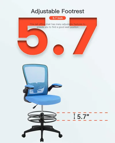 Miniatura 6 de Silla de oficina alta, de altura ajustable, con soporte lumbar y brazos abatibles; silla de respaldo de malla con reposapiés. Banco para escritorio