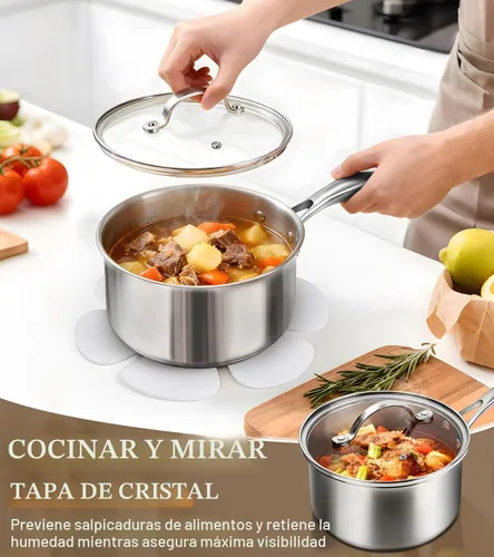 Miniatura 9 de Juego de ollas y sartenes de 16 piezas, juego de utensilios de cocina de acero inoxidable de tres capas con tapas, juego de cocina no tóxico, apto