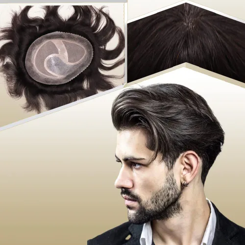 Miniatura 16 de Toupee para hombres sistemas de reemplazo de cabello humano real europeo para hombres, postizos finos, centro de encaje, piel más gruesa, pieza
