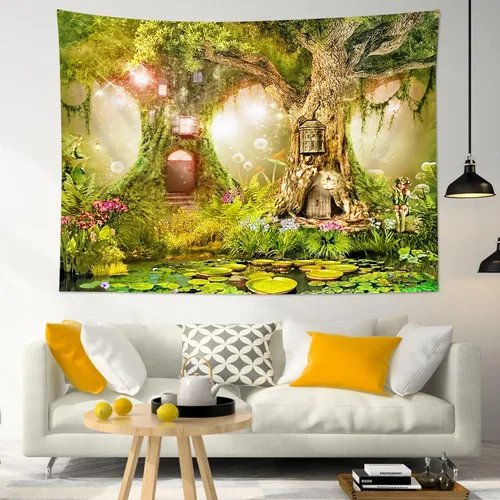 Miniatura 4 de HVEST Tapiz de bosque de cuento de hadas para colgar en la pared, estanque de lirios de agua, árboles mágicos, casas en el país de los sueños, tapiz