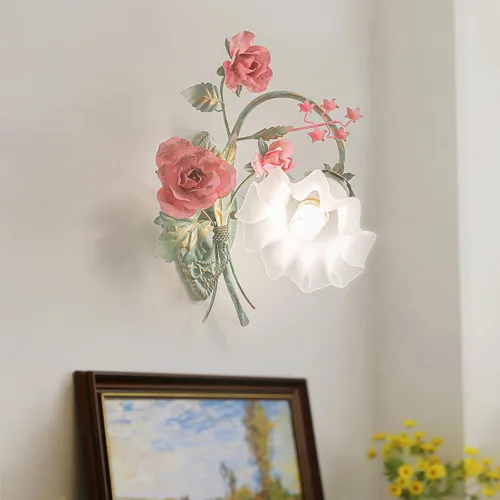 Aplique de pared floral vintage, lámpara de pared de metal con pantalla de cristal, luces de pared montadas para dormitorio, sala de estar, pasillo,