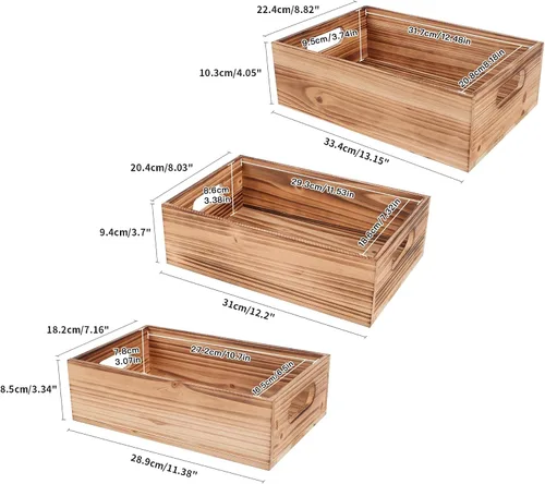 Miniatura 3 de PHOENANCEE Cajas de madera para exhibición, cajas decorativas rústicas de almacenamiento, juego de 3, caja anidable de madera con asas, cesta
