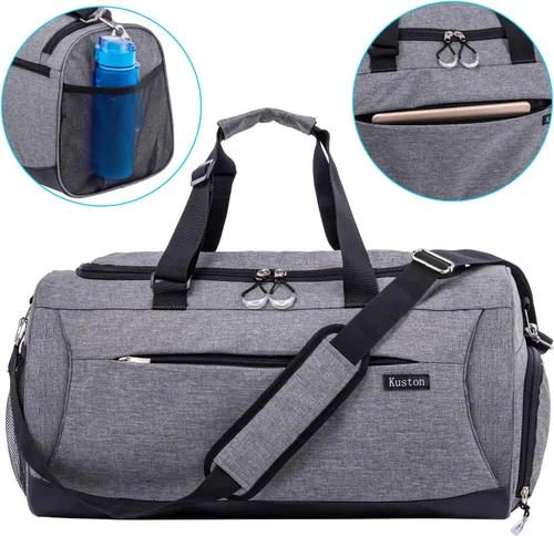 Miniatura 4 de Kuston Bolsa de gimnasio deportiva con compartimento para zapatos y bolsillo húmedo, bolsa de lona para gimnasio para hombres y mujeres, Gris