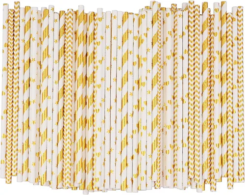 Miniatura 2 de ALINK Pajitas de papel dorado biodegradables a granel, paquete de 100 pajitas metálicas a rayas, ondas, corazones, estrellas, para cumpleaños